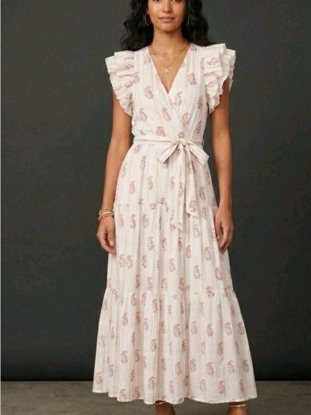 A Loves A Floral Ivory Metallic Ruffled Sleeve Maxi Dress Size Large